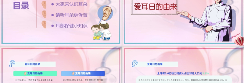2022全国爱耳日PPT卡通插画风开展爱耳日活动提高爱耳护耳意识专题课件模板