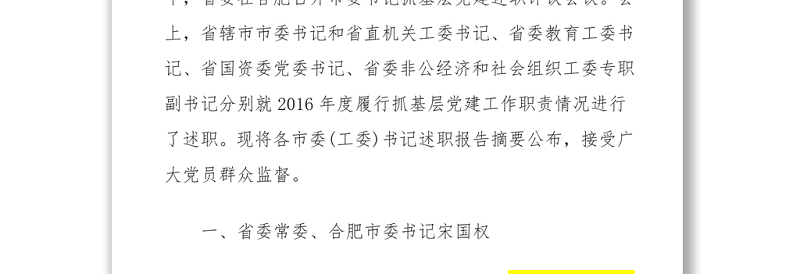 安徽省各市市委书记抓党建述职报告