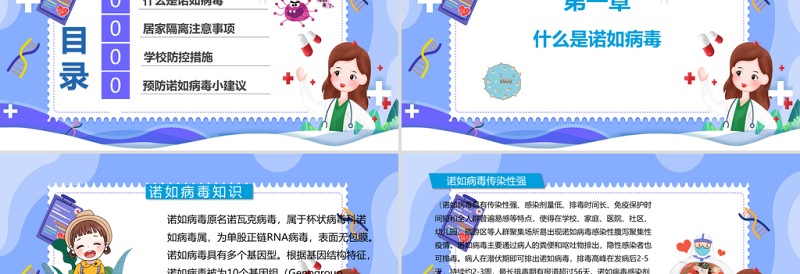 蓝色卡通插画如何预防诺如病毒班会ppt