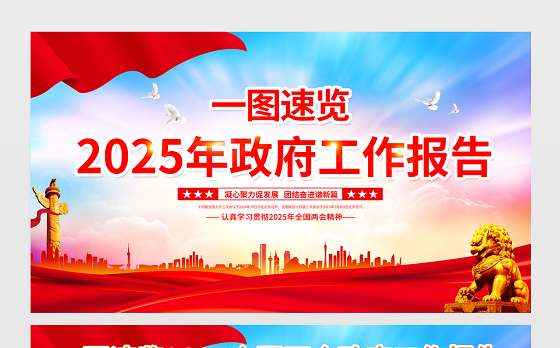 一图速览2025年政府工作报告宣传栏红色精美聚焦两会关注民生宣传展板设计