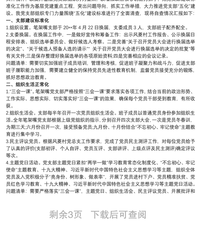 某单位党支部“五化”建设自查报告党支部自查报告