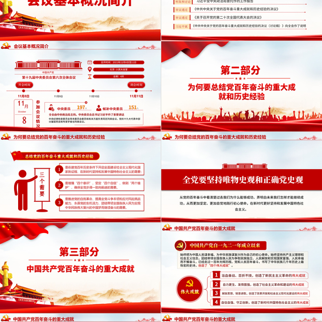 全面总结学习党的百年奋斗重大成就和历史经验PPT简洁风十九届六中全会公报内容介绍党课课件