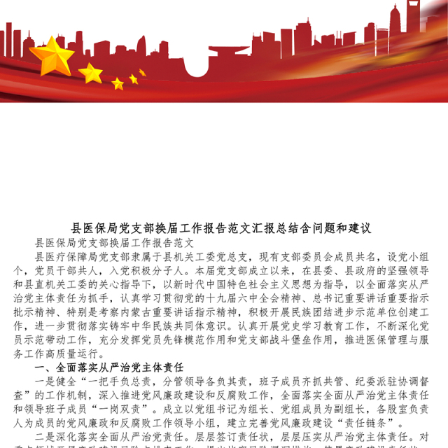 县医保局党支部换届工作报告范文汇报总结含问题和建议