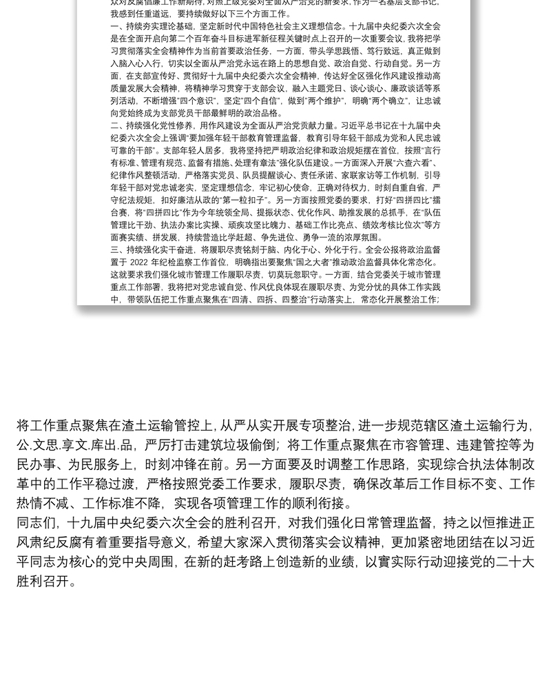 以理论铸魂,以作风强心,以实干健体打造忠诚干净担当的城市管理铁军——学习贯彻习近平在十九届中央纪委六次全会上重要讲话精神的交流发言