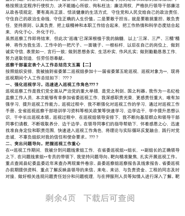 巡察干部鉴定表个人工作总结范文五篇