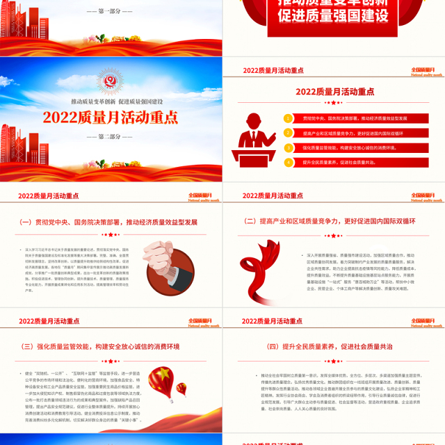 2022学习解读全国质量月活动PPT简约党建风深入学习贯彻推动质量变革创新促进质量强国建设全国质量月活动内容专题课件模板下载