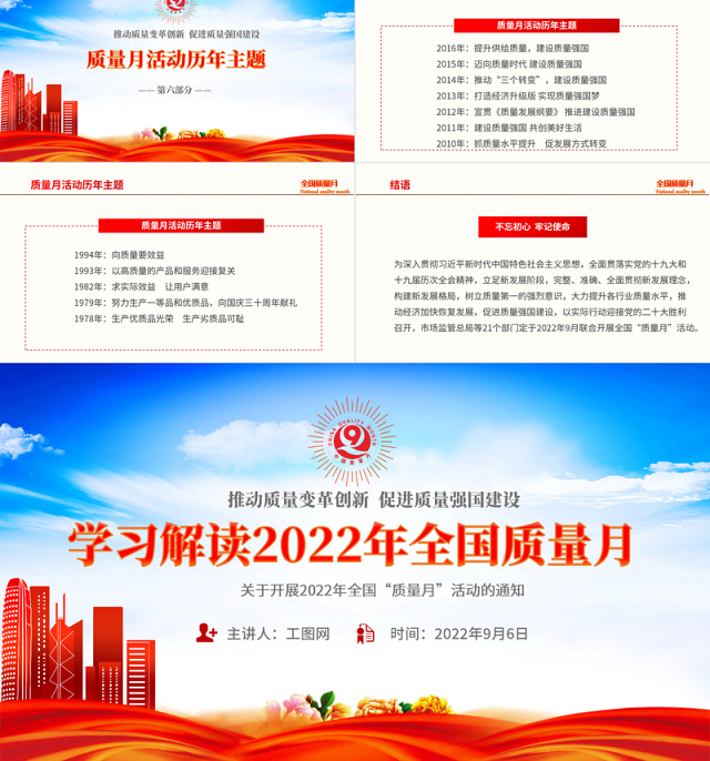 2022学习解读全国质量月活动PPT简约党建风深入学习贯彻推动质量变革创新促进质量强国建设全国质量月活动内容专题课件模板下载