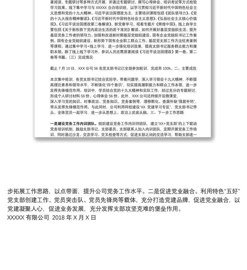 公司关于党支部书记集中轮训情况的总结报告