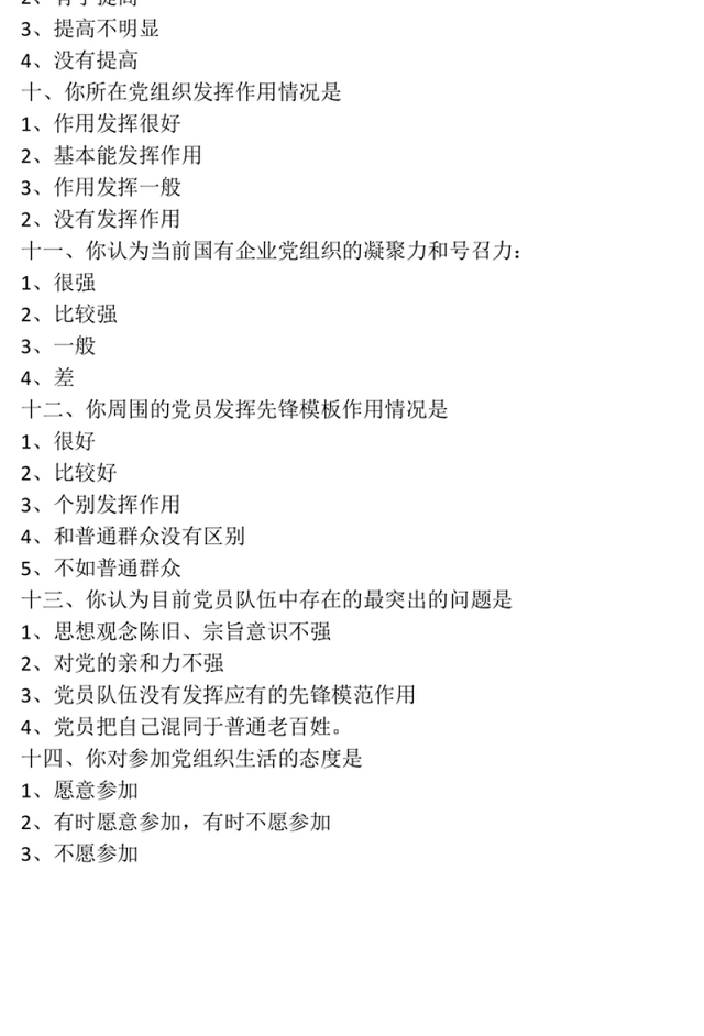 最新党员思想状况调查问卷