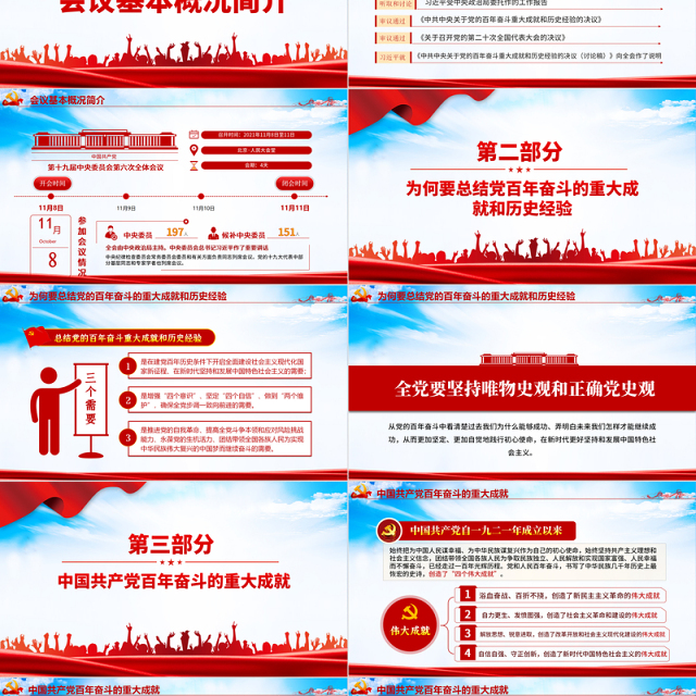全面总结学习党的百年奋斗重大成就和历史经验PPT简洁风十九届六中全会公报内容介绍党课课件