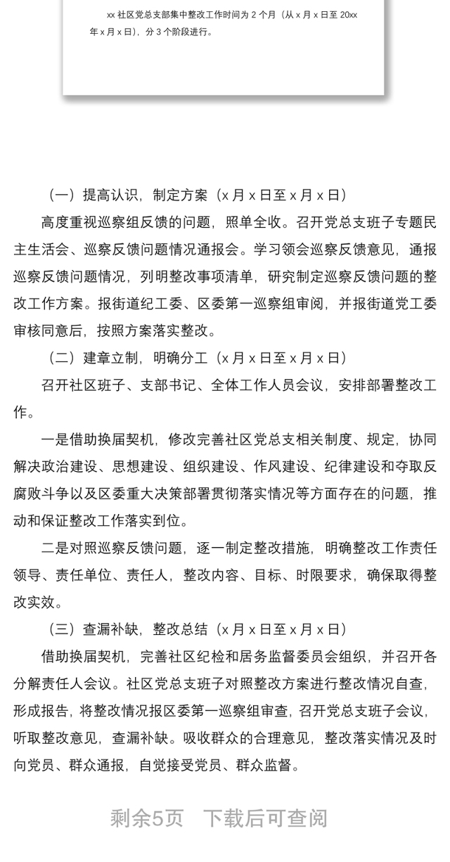 2021社区巡察整改方案xx社区党总支部巡察反馈问题整改落实工作方案范文社区党委参考