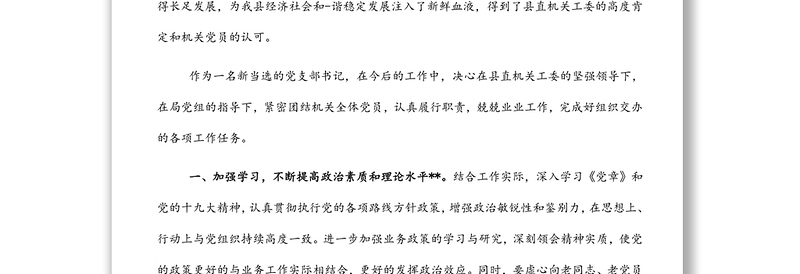 新当选局党支部书记任职表态发言