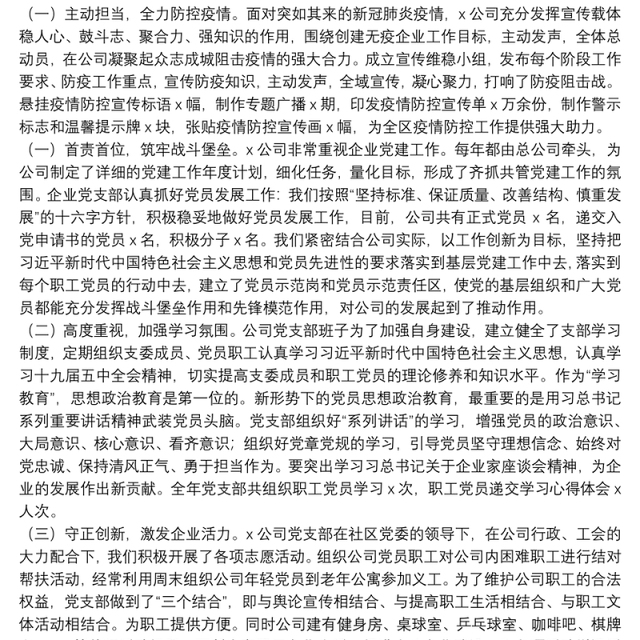 公司党支部书记抓基层党建工作书记述职报告