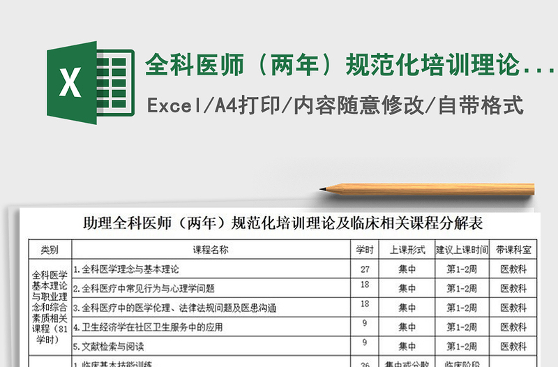 2021年全科医师(两年)规范化培训理论及临床相关课程分解表