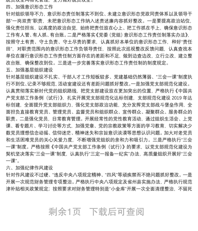 巡视整改专题民主生活会整改方案落实情况报告参考范文
