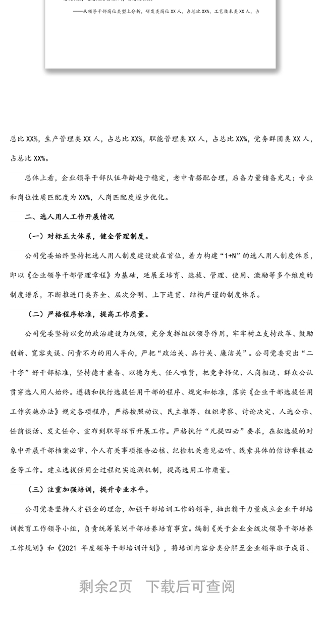 某国有企业2021年选人用人工作情况及2022年干部队伍建设报告
