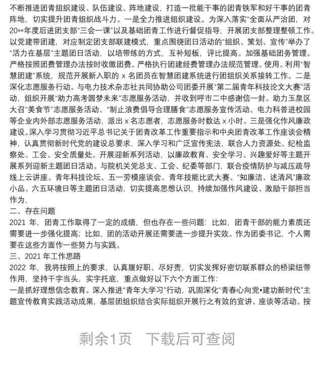 某集体企业团委书记年度述职报告