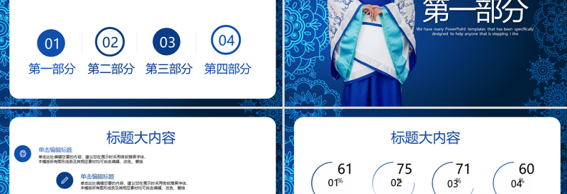 传统蓝色大气中国汉服文化PPT封面含PS