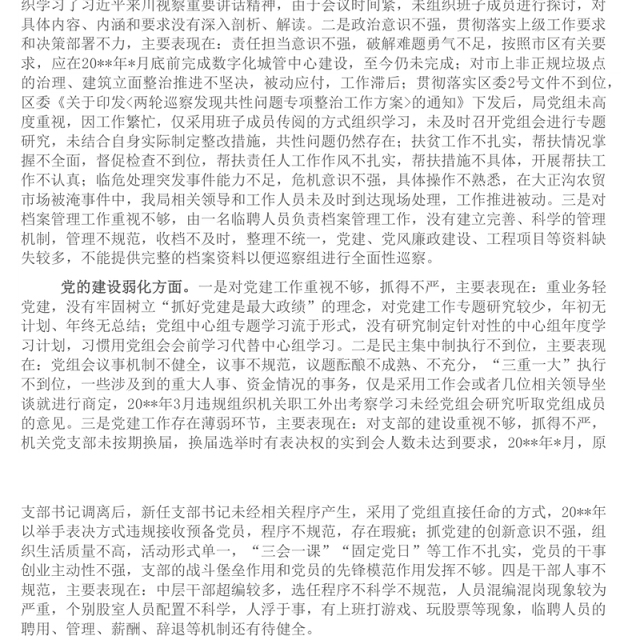 党组领导班子巡察整改专题民主生活会对照检查材料