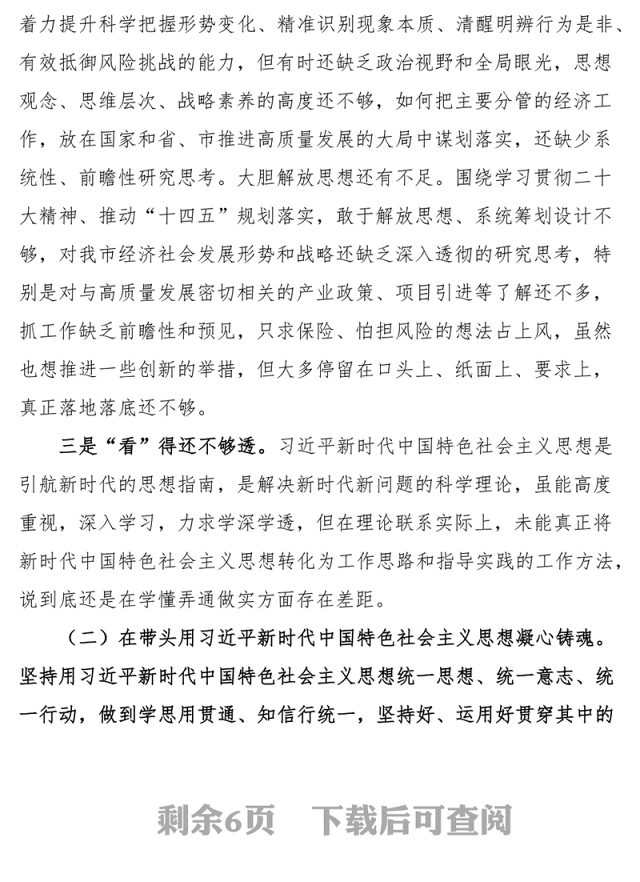 2023年民主生活会六个带头个人对照检查2022年度六个方面两个确立思想凝心铸魂全面领导改革发展稳定斗争精神从严治党责任等方面检视剖析材料发言提纲