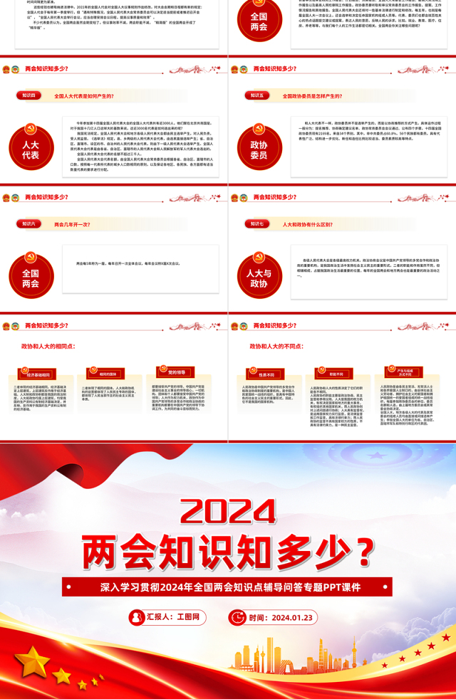两会知识知点问答PPT红色精美关注两会聚焦民生七个知识点带你了解两会专题课件