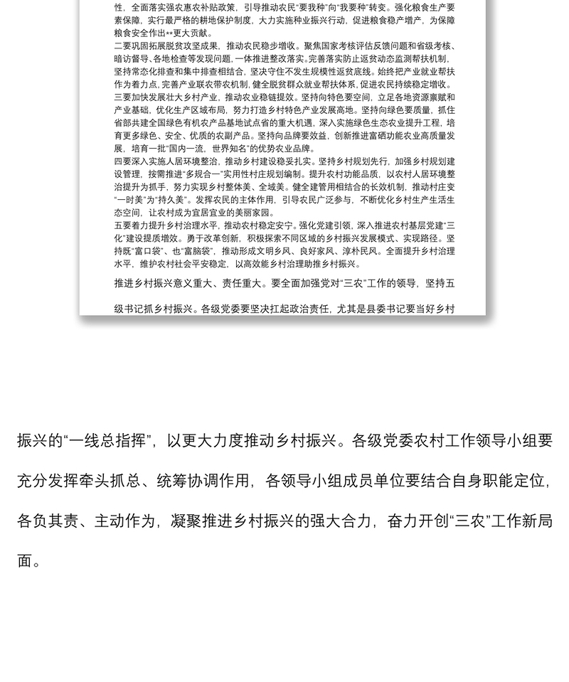 乡村振兴战略工作领导小组会议总结讲话提纲