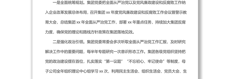 集团党委202x年主体责任落实情况报告