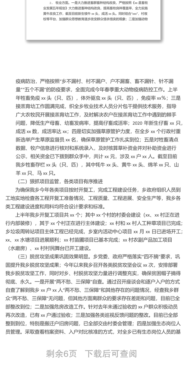 xx乡人民政府上半年工作总结暨下半年工作安排
