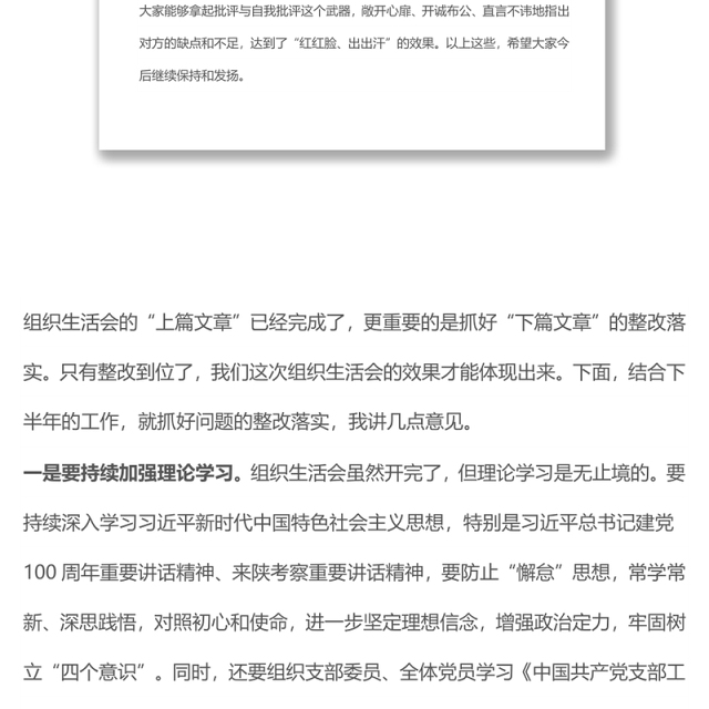 国企机关党支部党史学习教育专题组织生活会点评材料