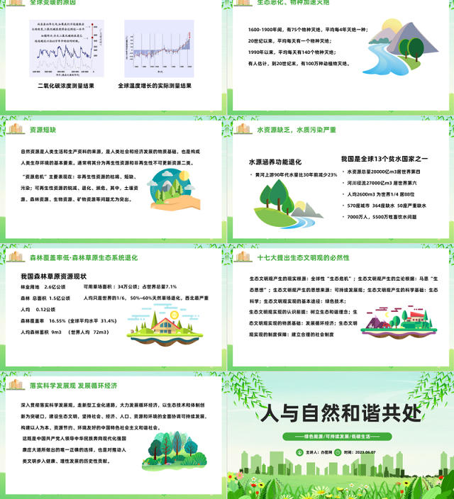 2023人与自然和谐共处PPT绿色卡通风绿色能源可持续发展低碳生活主题课件模板下载