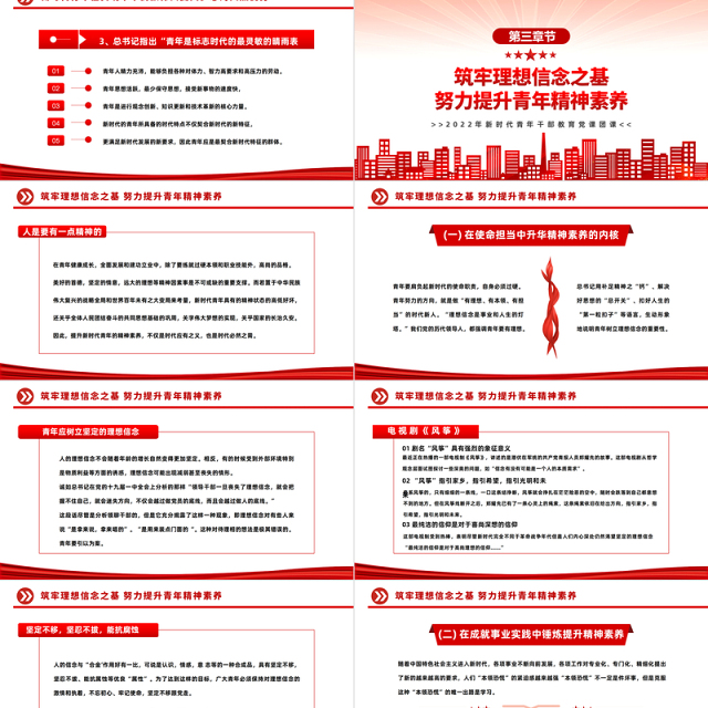 2022青年精神素养提升PPT红色简约风新时代青年干部教育党课团课课件模板