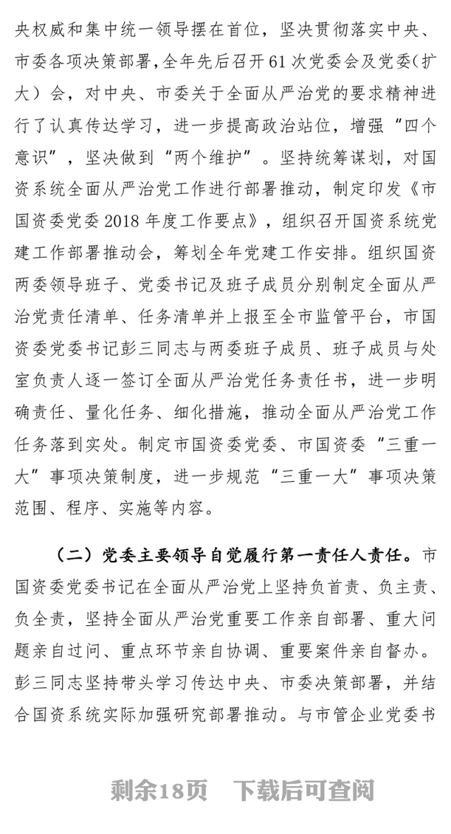 市国资委党委2018年度落实全面从严治党主体责任情况报告