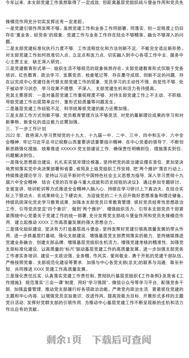 2022年党支部书记抓基层党建工作述职报告范例