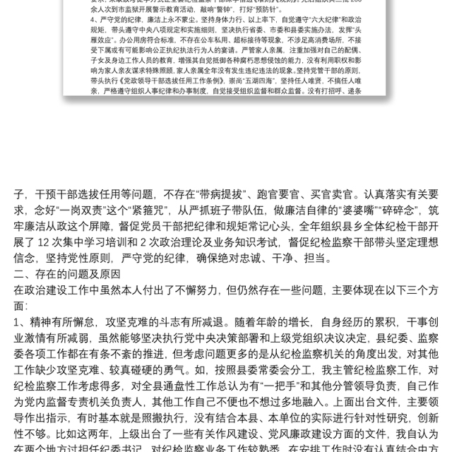 纪检干部政治建设个人自查材料