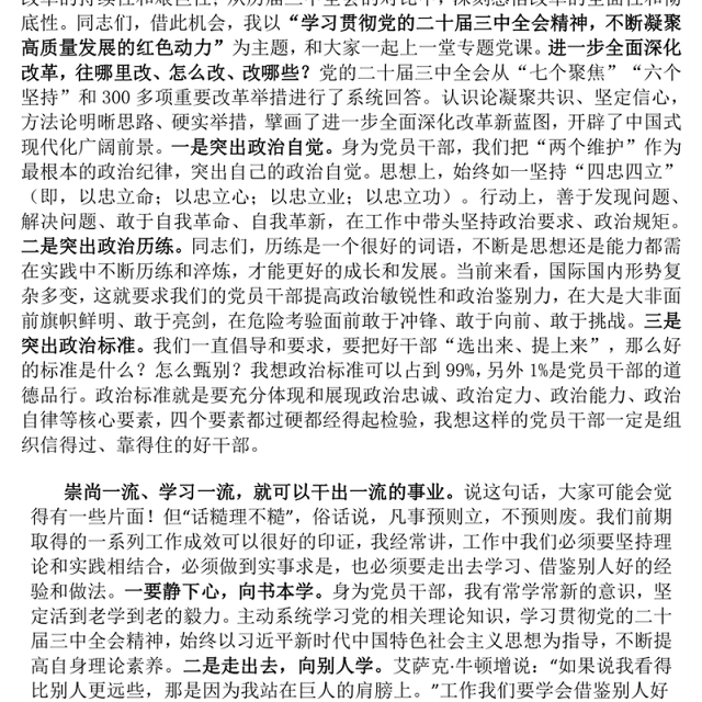 【贯彻党的二十届三中全会精神】专题党课讲稿(党政、企业、银行等党委书记、支部书记)