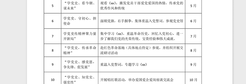 党日活动表格2021年度党史主题党日活动计划表格集团公司企业安排表格12个月