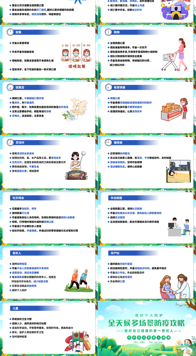 2022全天候多场景防疫攻略PPT卡通清新做好自己健康的第一责任人呵护自己和家人健康科普知识课件