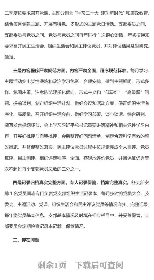 党支部2023年组织生活落实情况自查报告PPT模板(讲稿)