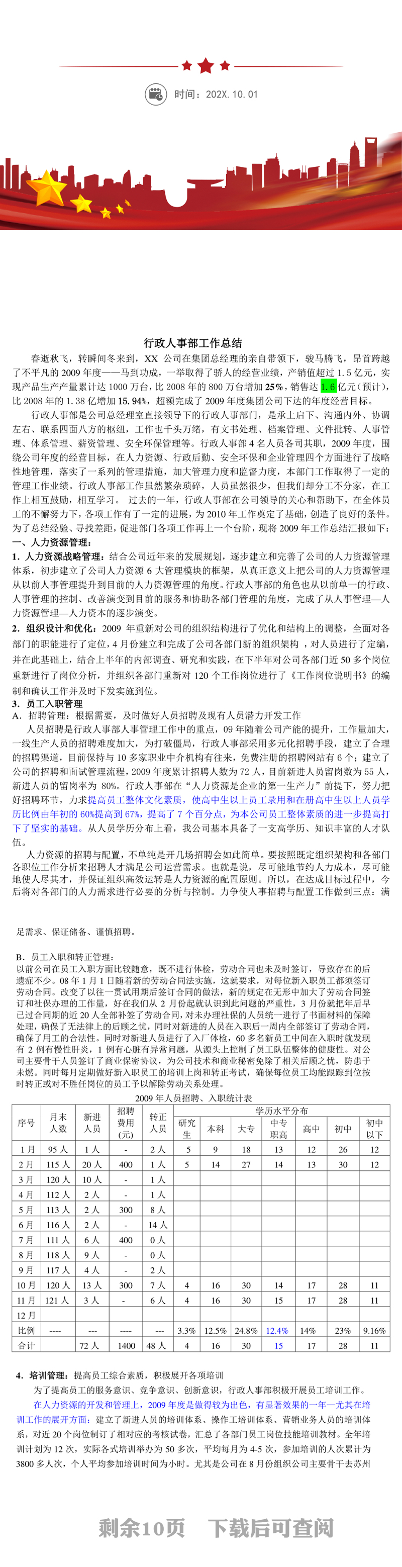 行政人事部工作总结范文