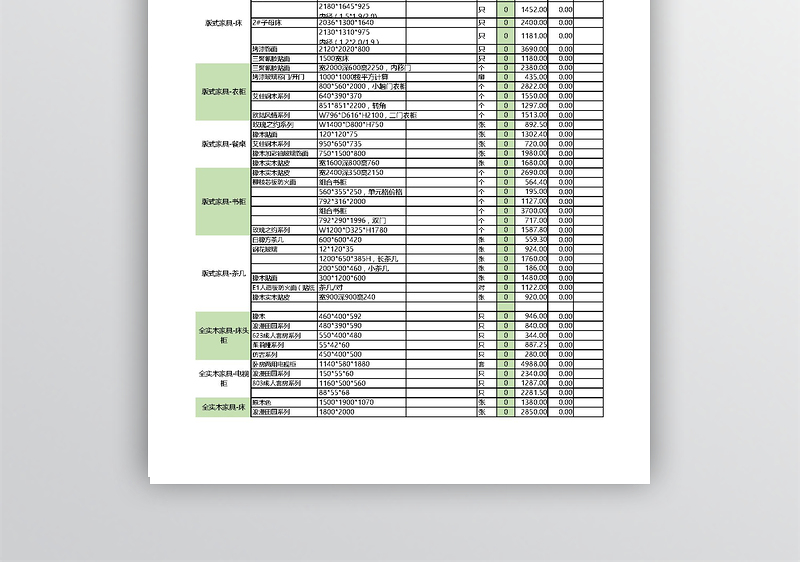 软装材料试算清单