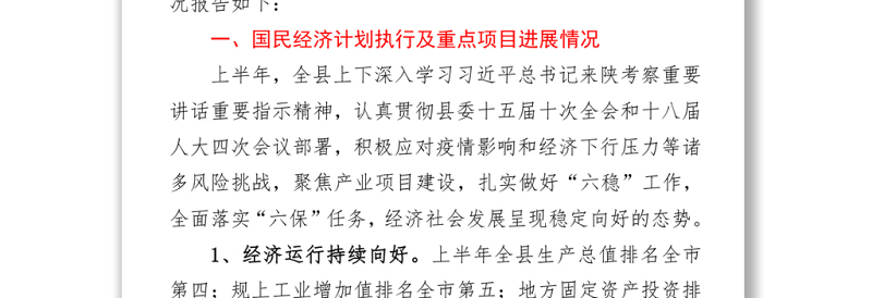 2021年上半年国民经济和社会发展计划执行暨重点项目建设情况的视察报告