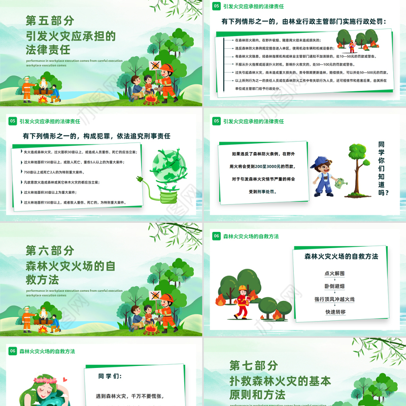 2023防火宣传教育PPT卡通插画风爱护森林人人有责主题班会课件模板