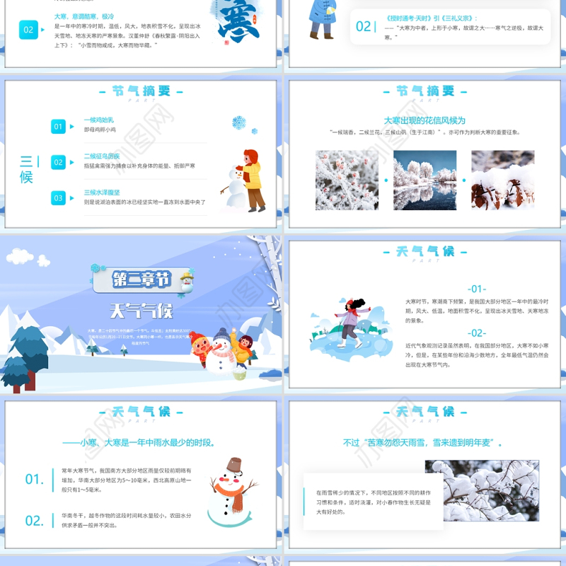 2022大寒节气PPT蓝色卡通风大寒节气传统文化介绍模板