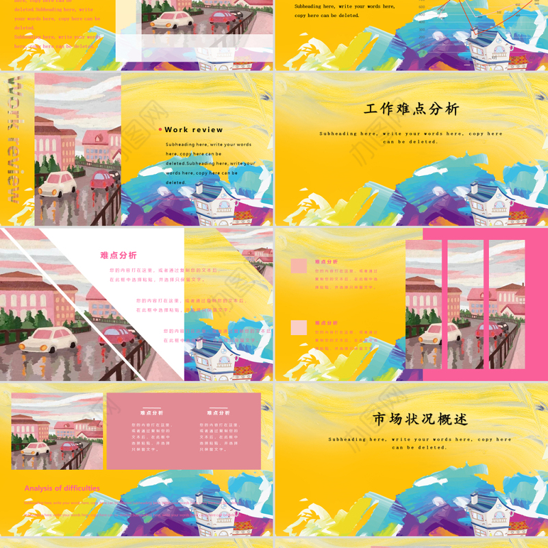 黄色油画风年终工作总结汇报PPT模板