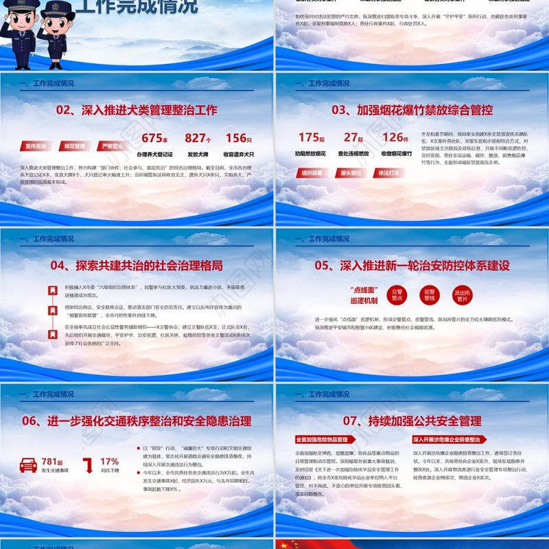 蓝色云海党政风杨新风正气树公安形象年度公安工作汇报通用PPT模板