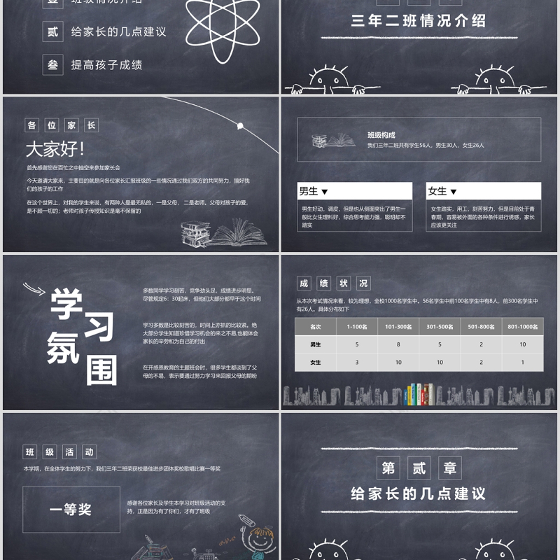 黑板粉笔风学期末家长会PPT模板