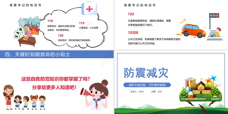 2022防震减灾主题班会PPT卡通风防震减灾儿童安全教育主题班会演讲课件模板 (2)