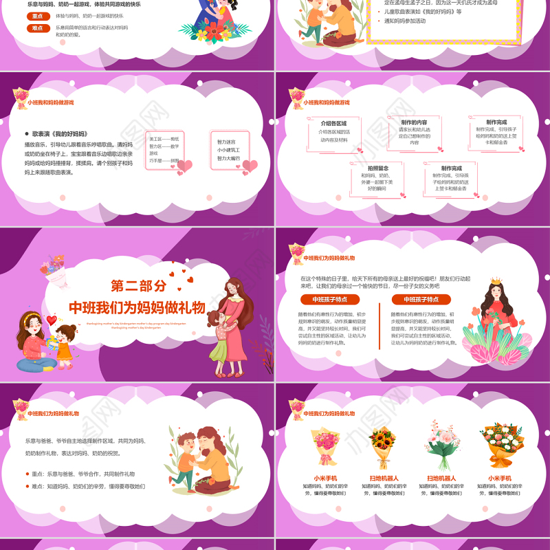 2022感恩母亲节PPT紫色温馨卡通风幼儿园感恩母亲节活动方案课件模板
