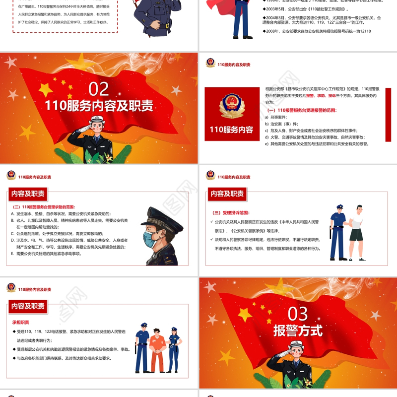 110宣传日PPT红色简洁110的由来服务内容及职责报警方式报警技巧主题班会课件
