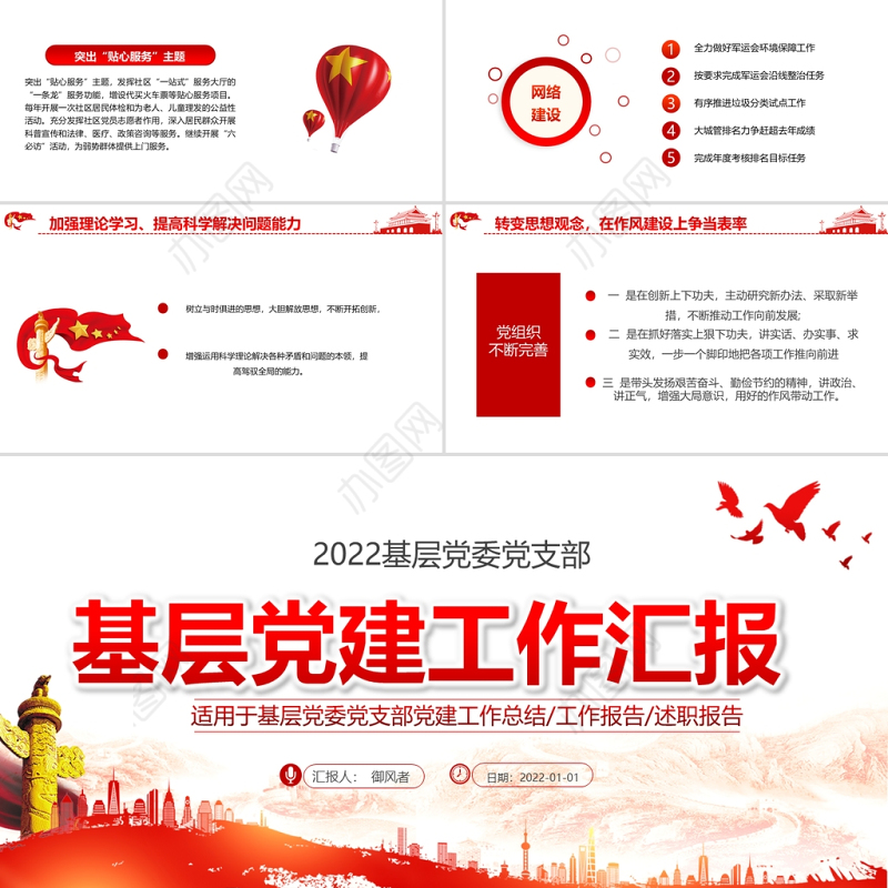 基层党建工作汇报PPT党政风党支部年度工作情况介绍问题总结及新年工作思路报告党建模板